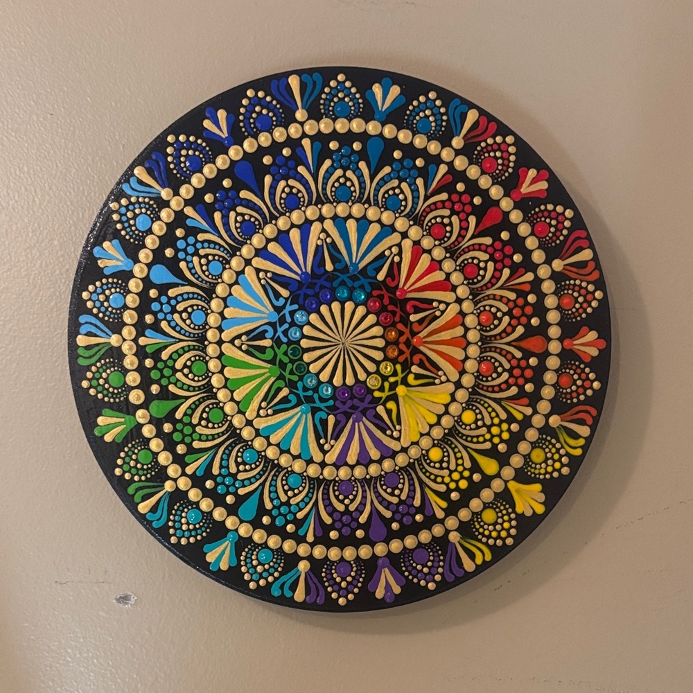 Colorful Chakra Mandala on Wood-Hand Painted DotArt with Gold Details & Crystals